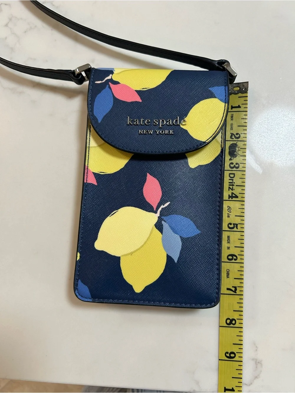 kate spade navy lemon print crossbody with pink and blue accents